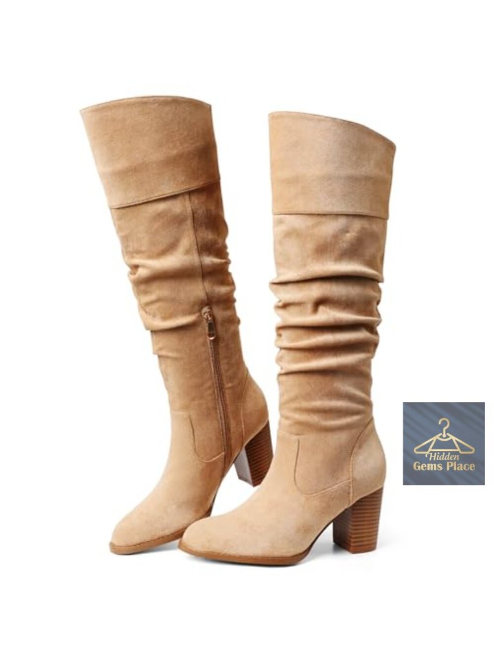 Suede Slouch Knee High Boots Chunky Heel Western Pull On Round Toe